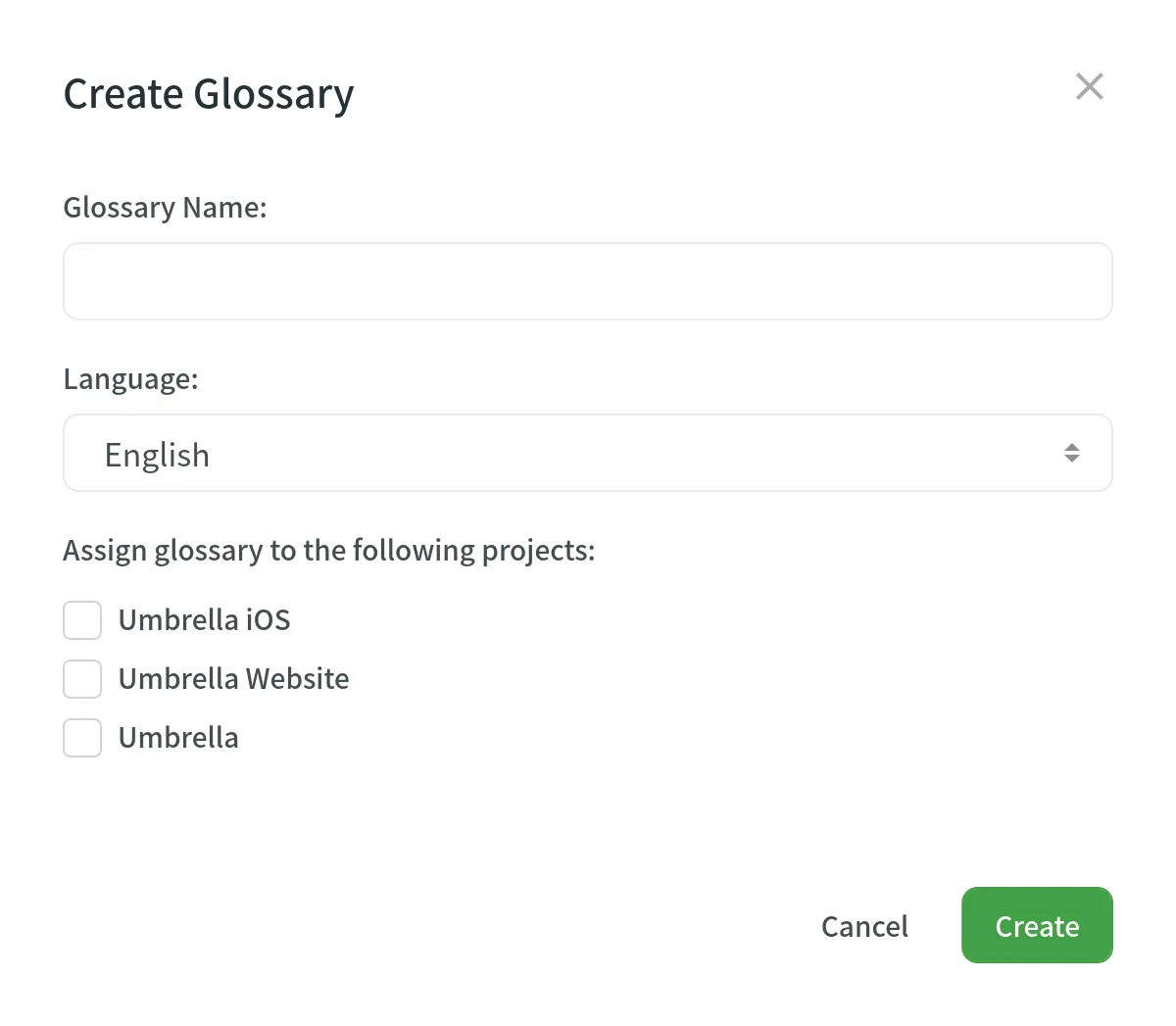 Create glossary dialog